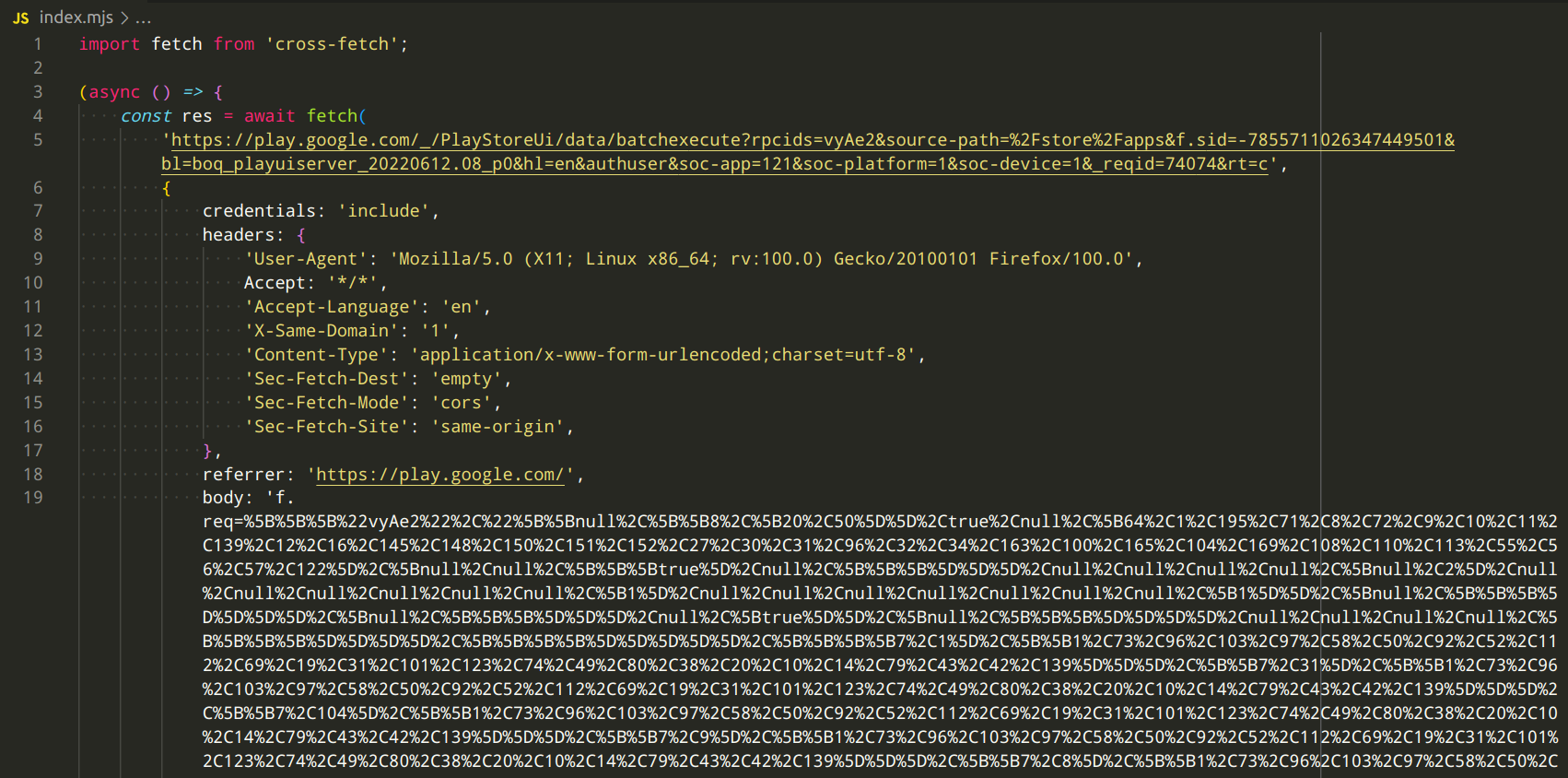Screenshot of some JavaScript source code. The code uses fetch() to replicate the observed request to the batchexecute endpoint. The code is too long for the screenshot and cut off. The full code is available in the Gist linked below.