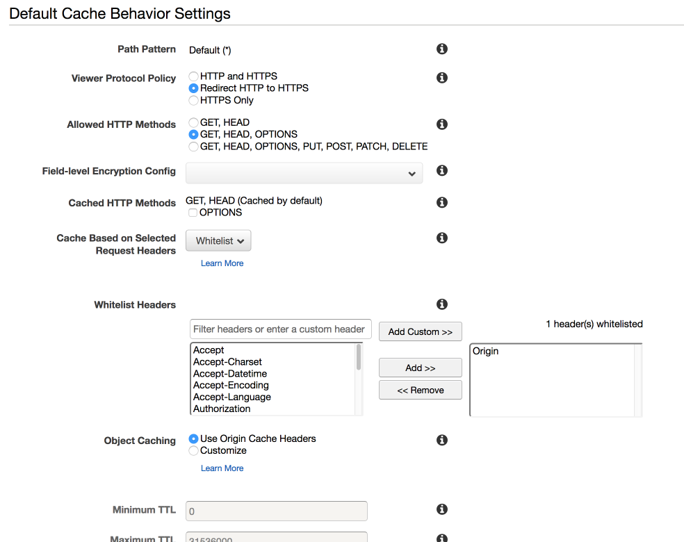 The cache behaviour settings for our CloudFront distribution