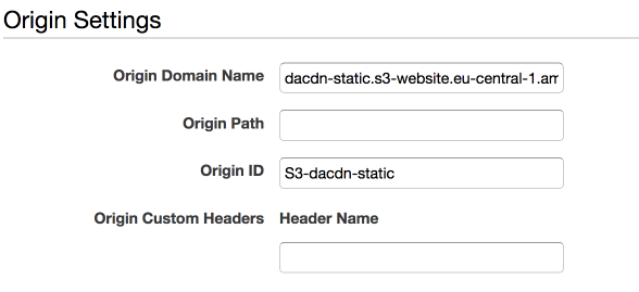 The settings for our CloudFront origin