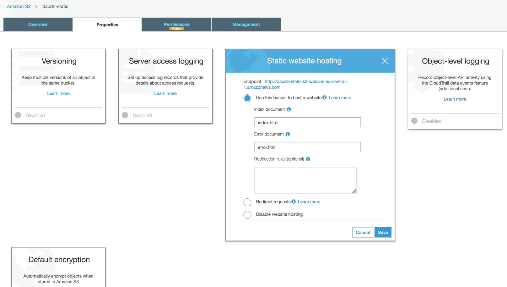 Enabling static website hosting