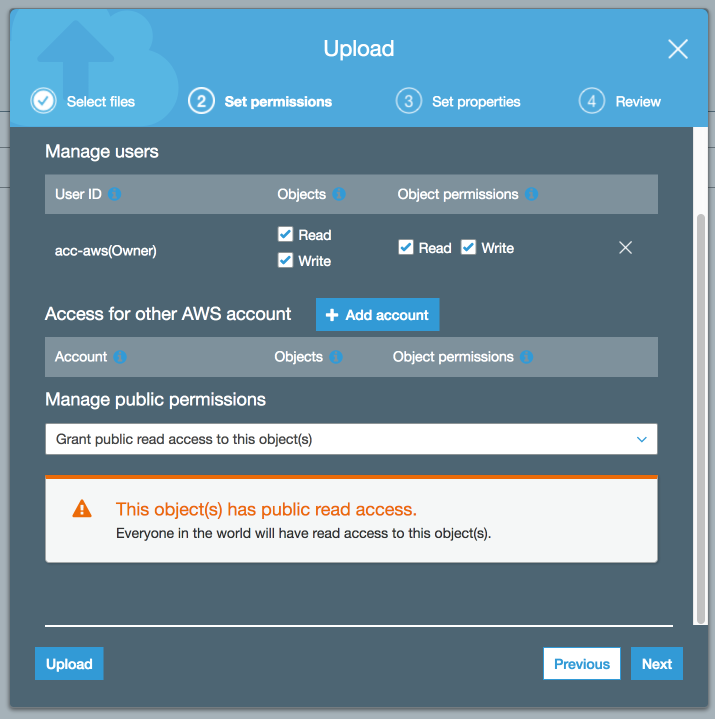 Setting the correct permission when uploading files to your bucket